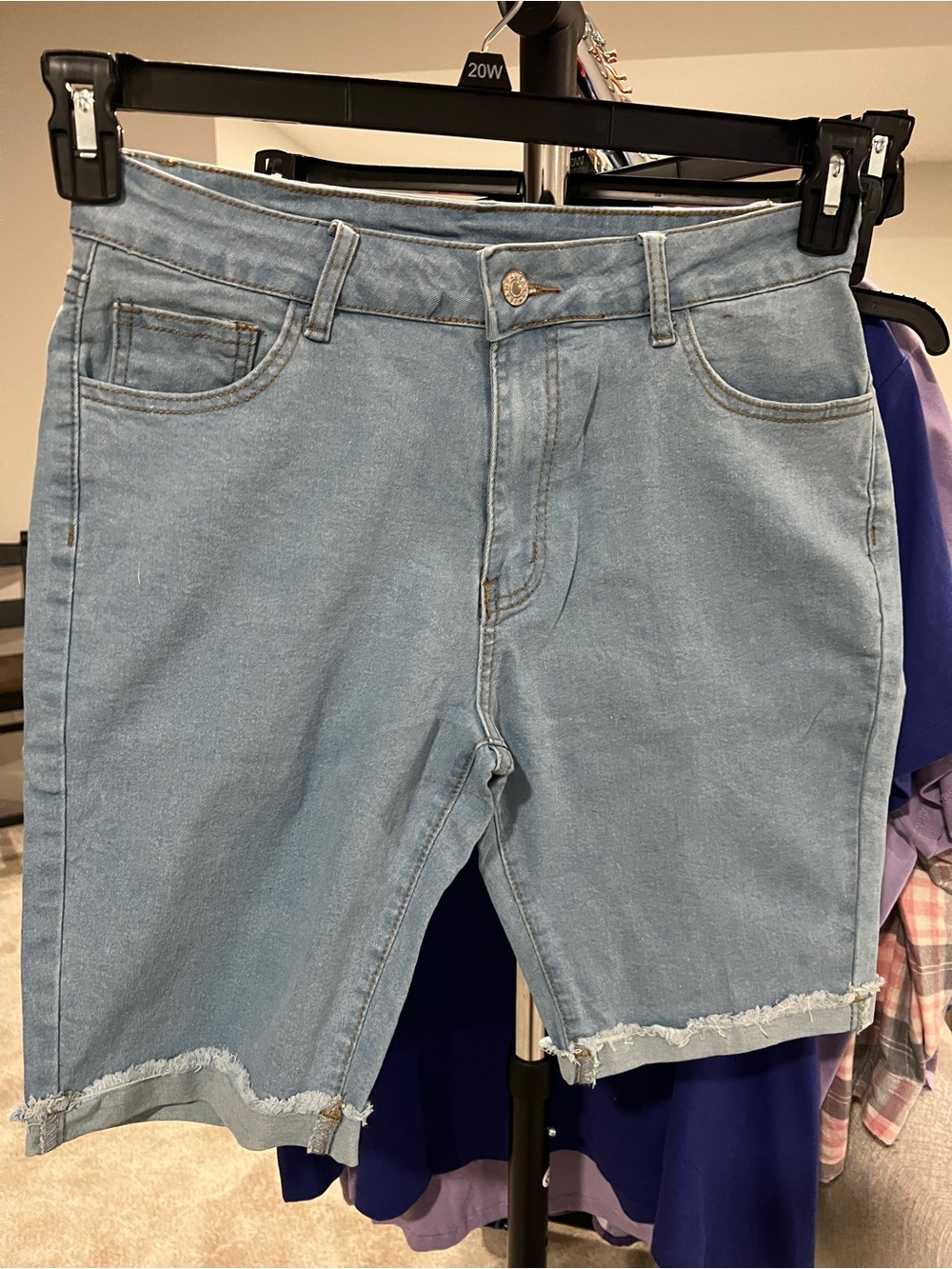 Light Wash Denim Bermuda Shorts - Frayed Hem